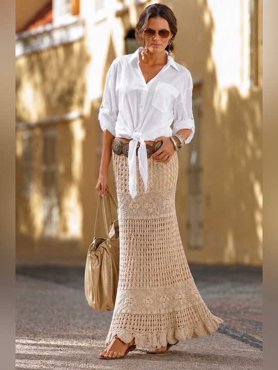 Lucky coco Dresses & Skirts - Lucky & Coco Womens Crochet Maxi Skirt L Ivory Drawstring Boho Grandmacore